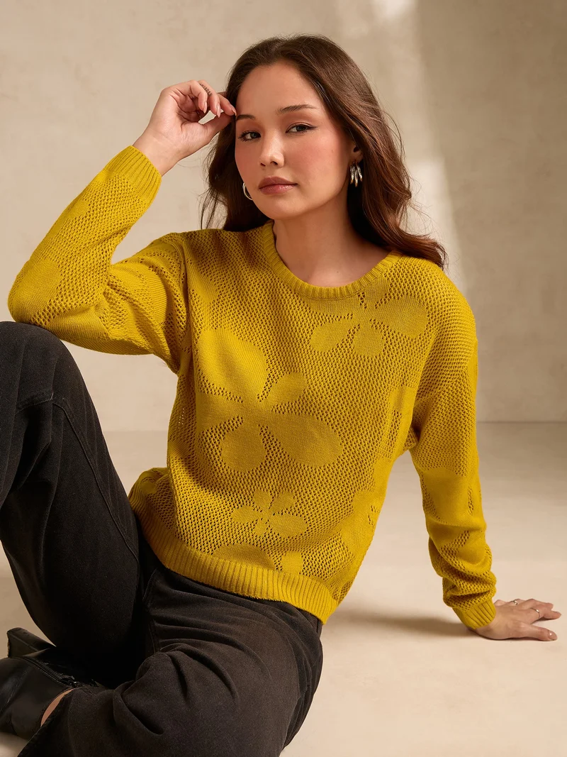 Outzidr Yellow Mustard Bold Floral Print Sweater for Women | Best Price UAE